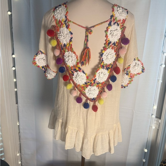 Funky Embroidered Cream Tunic with Colorful Trim M/L - Picture 3 of 6